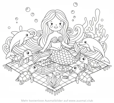 Meerjungfrau Picknick mit Delfinen und Schildkröten Ausmalbild