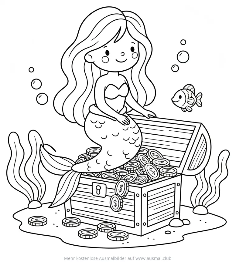 Meerjungfrau sitzt auf Schatzkiste Ausmalbild