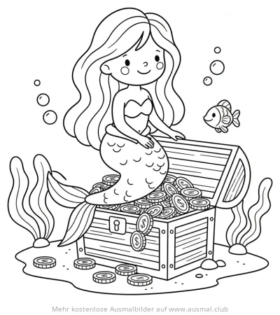 Meerjungfrau sitzt auf Schatzkiste Ausmalbild