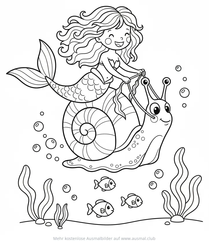 Meerjungfrau reitet auf einer Schnecke Ausmalbild