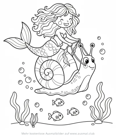 Meerjungfrau reitet auf einer Schnecke Ausmalbild