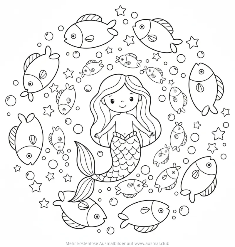 Meerjungfrau Galaxie Ausmalbild mit Fischen, Sternen und Blasen