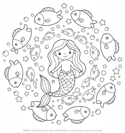 Meerjungfrau Galaxie Ausmalbild mit Fischen, Sternen und Blasen