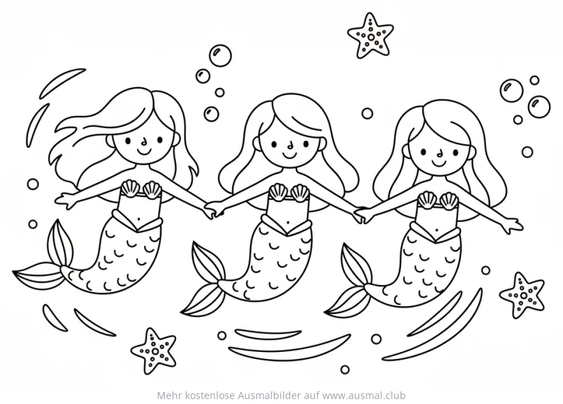 Drei Meerjungfrauen Freundinnen halten Hände im Wasser Ausmalbild