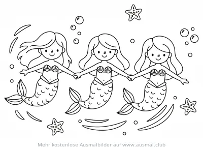 Drei Meerjungfrauen Freundinnen halten Hände im Wasser Ausmalbild