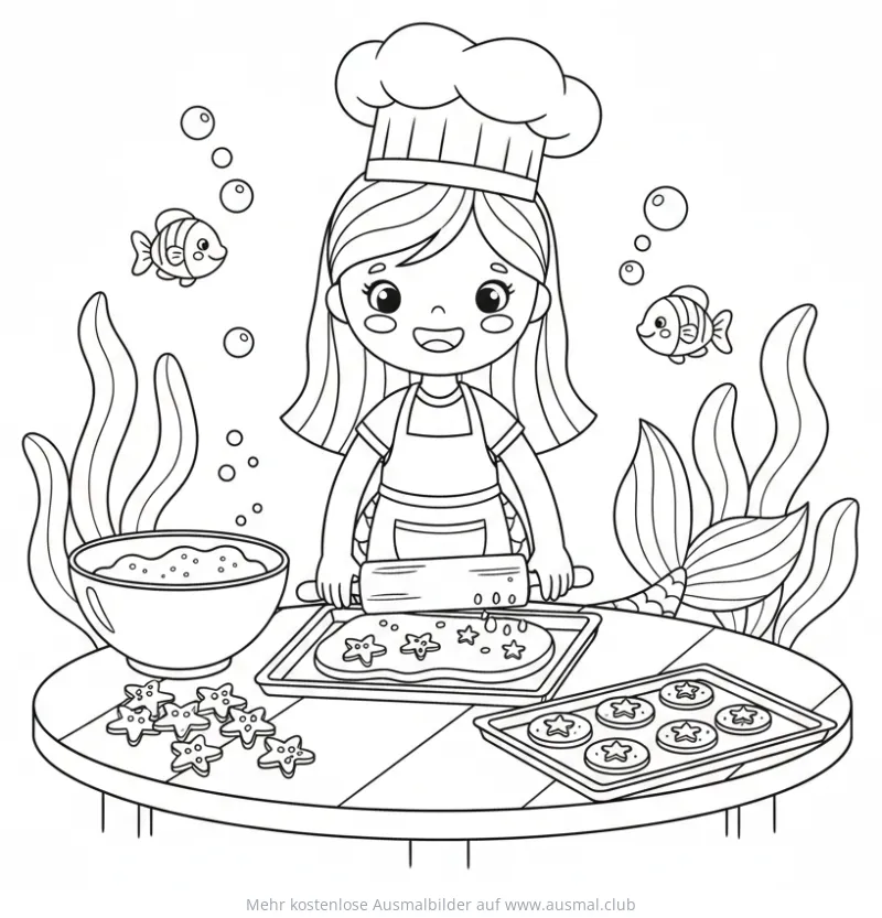 Meerjungfrau backt Kekse Ausmalbild