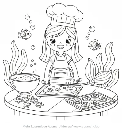 Meerjungfrau backt Kekse Ausmalbild
