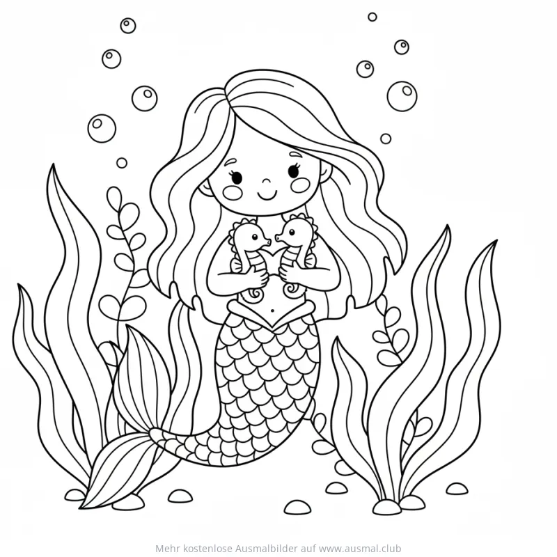 Meerjungfrau hält zwei Seepferdchen im Arm, Ausmalbild mit Kelp