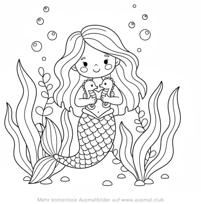 Meerjungfrau hält zwei Seepferdchen im Arm, Ausmalbild mit Kelp