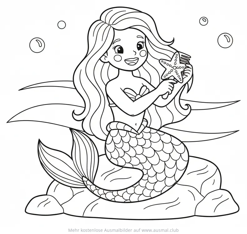 Meerjungfrau sitzt auf Felsen und hält Seestern Ausmalbild