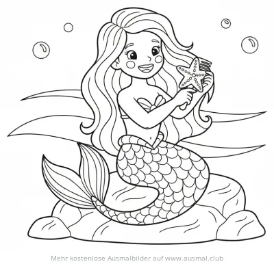 Meerjungfrau sitzt auf Felsen und hält Seestern Ausmalbild