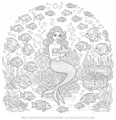 Meerjungfrau sitzt im Korallenriff Ausmalbild