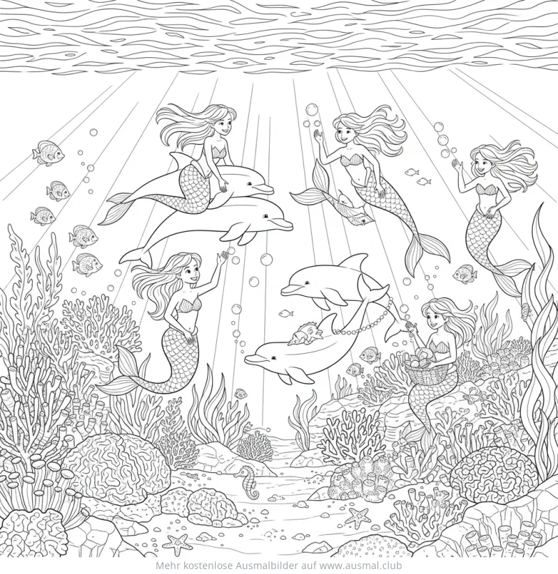 Meerjungfrauen reiten auf Delfinen Ausmalbild in Unterwasserlandschaft