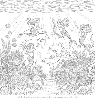 Meerjungfrauen reiten auf Delfinen Ausmalbild in Unterwasserlandschaft