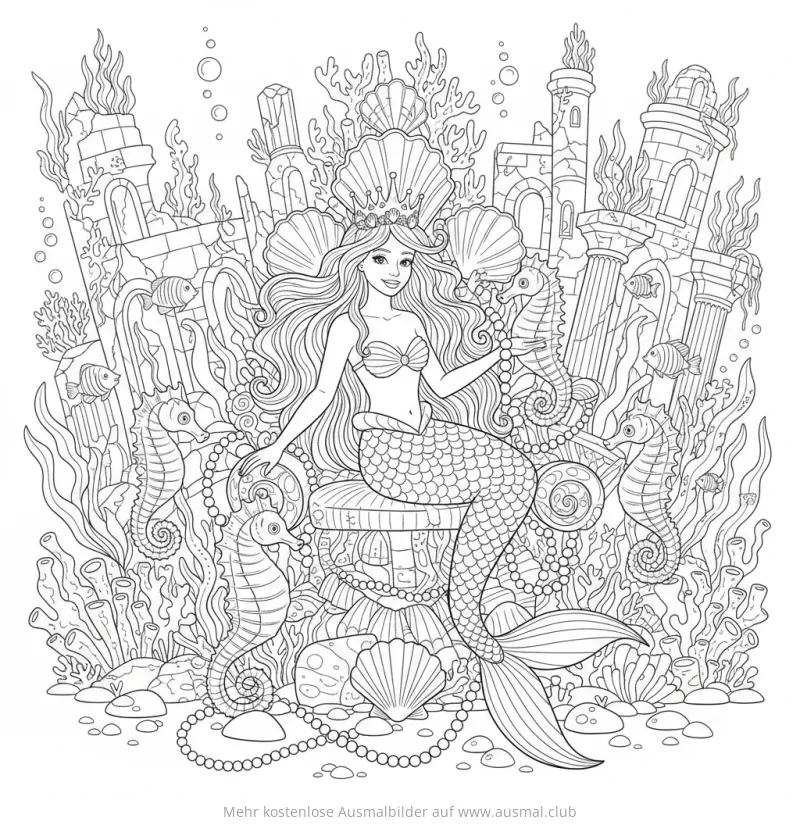 Meerjungfrau Prinzessin sitzt auf Thron zwischen Seepferdchen und versunkener Stadt Ausmalbild
