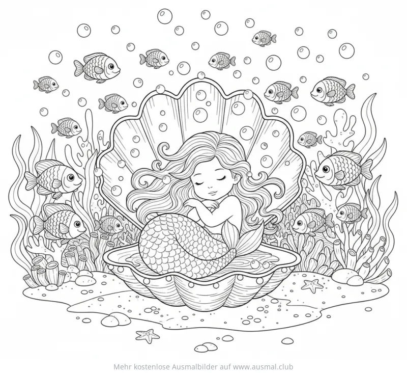 Schlafendes Meerjungfrau Baby in Muschel Ausmalbild