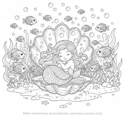 Schlafendes Meerjungfrau Baby in Muschel Ausmalbild