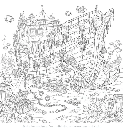 Meerjungfrau erkundet Schiffswrack Ausmalbild