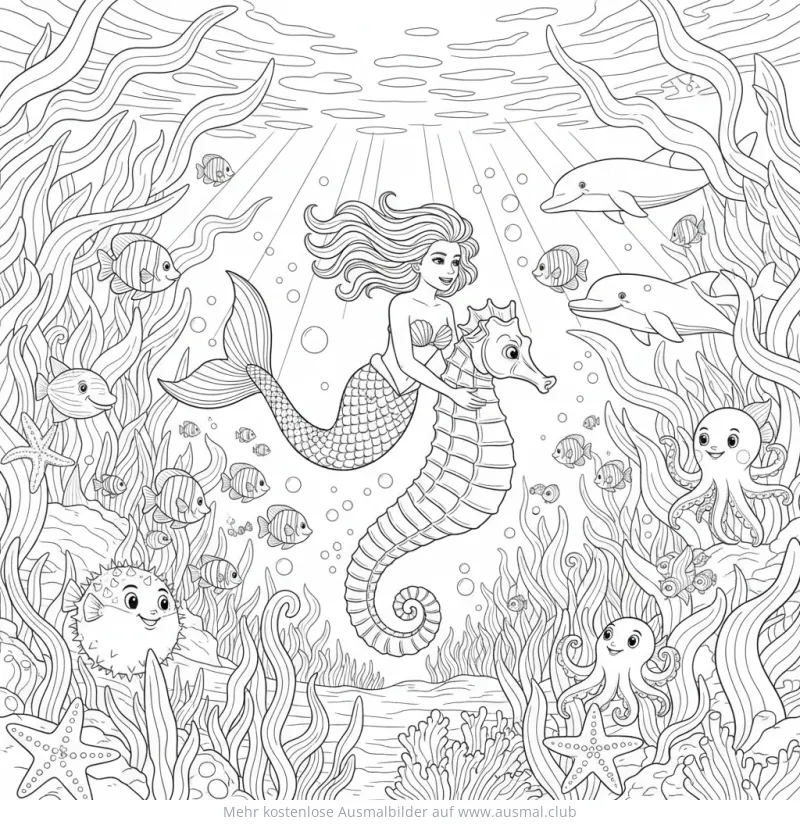 Meerjungfrau reitet auf Seepferdchen Ausmalbild in Unterwasserwelt mit Fischen, Delfinen und Kraken