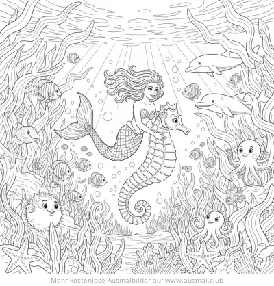 Meerjungfrau reitet auf Seepferdchen Ausmalbild in Unterwasserwelt mit Fischen, Delfinen und Kraken