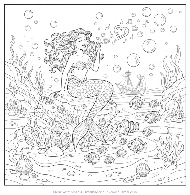 Singende Meerjungfrau auf Felsen, umgeben von Fischen Ausmalbild