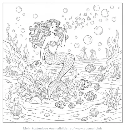 Singende Meerjungfrau auf Felsen, umgeben von Fischen Ausmalbild