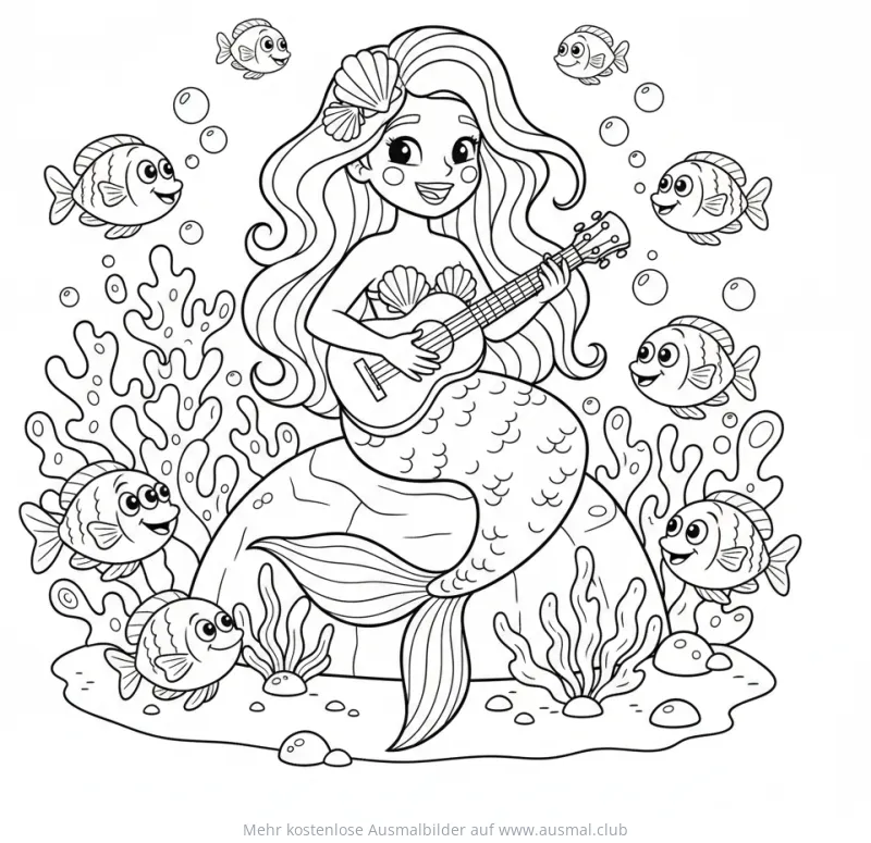 Meerjungfrau spielt Ukulele, umgeben von Fischen Ausmalbild
