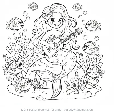 Meerjungfrau spielt Ukulele, umgeben von Fischen Ausmalbild