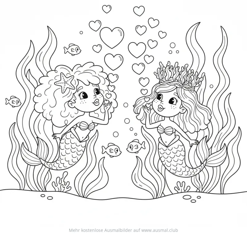 Zwei Meerjungfrauen senden sich Küsse, Ausmalbild