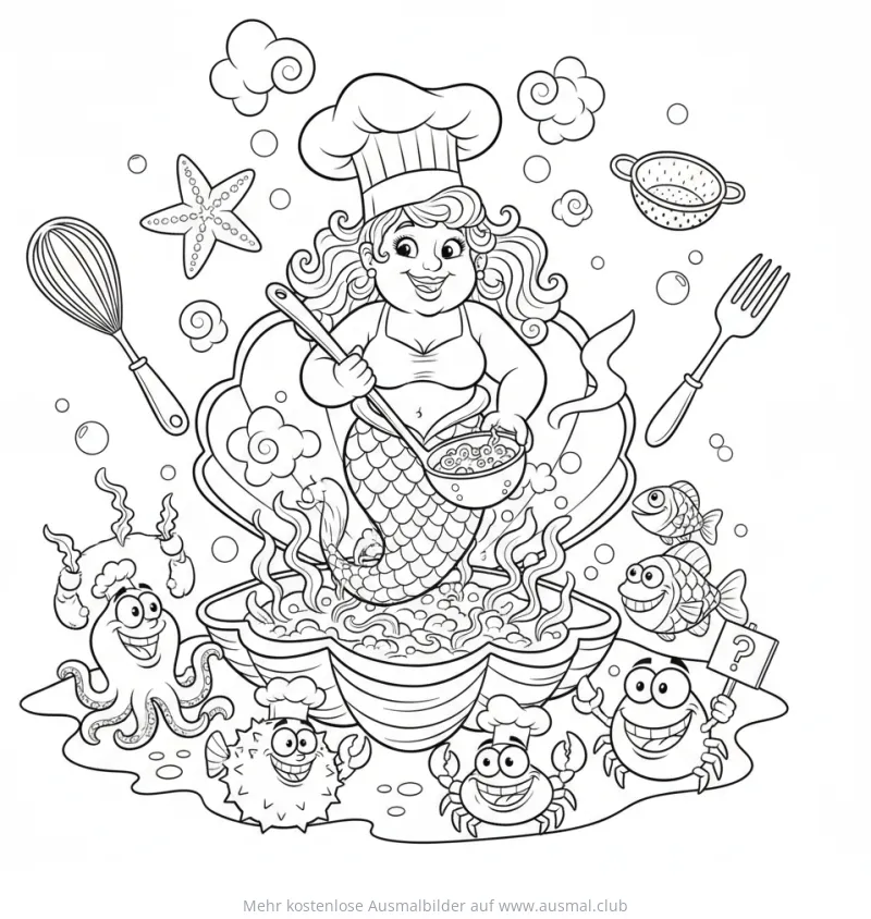 Meerjungfrau als Köchin rührt im Topf Ausmalbild