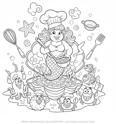 Meerjungfrau als Köchin rührt im Topf Ausmalbild
