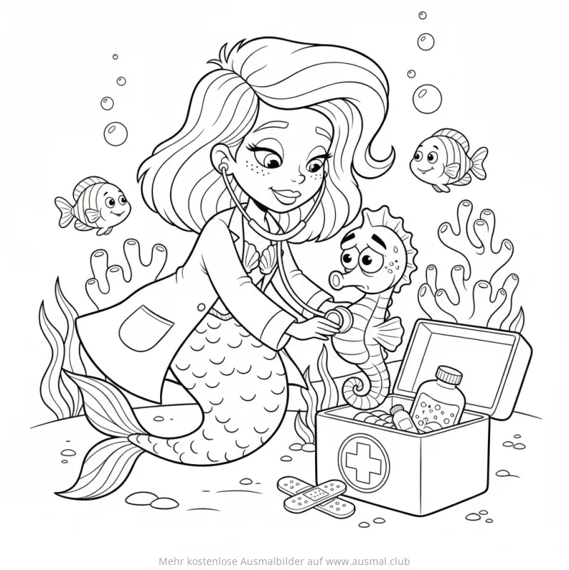 Meerjungfrau als Doktor untersucht Seepferdchen Ausmalbild