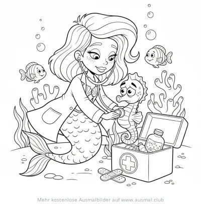 Meerjungfrau als Doktor untersucht Seepferdchen Ausmalbild