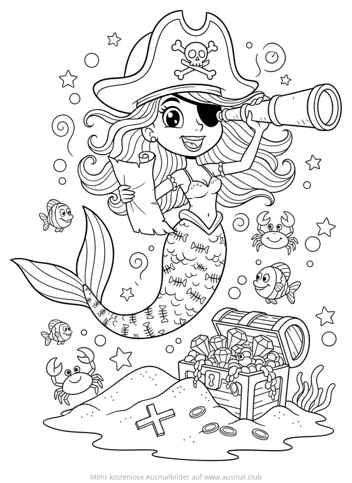 Meerjungfrau als Pirat mit Fernrohr und Schatzkarte Ausmalbild