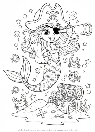 Meerjungfrau als Pirat mit Fernrohr und Schatzkarte Ausmalbild