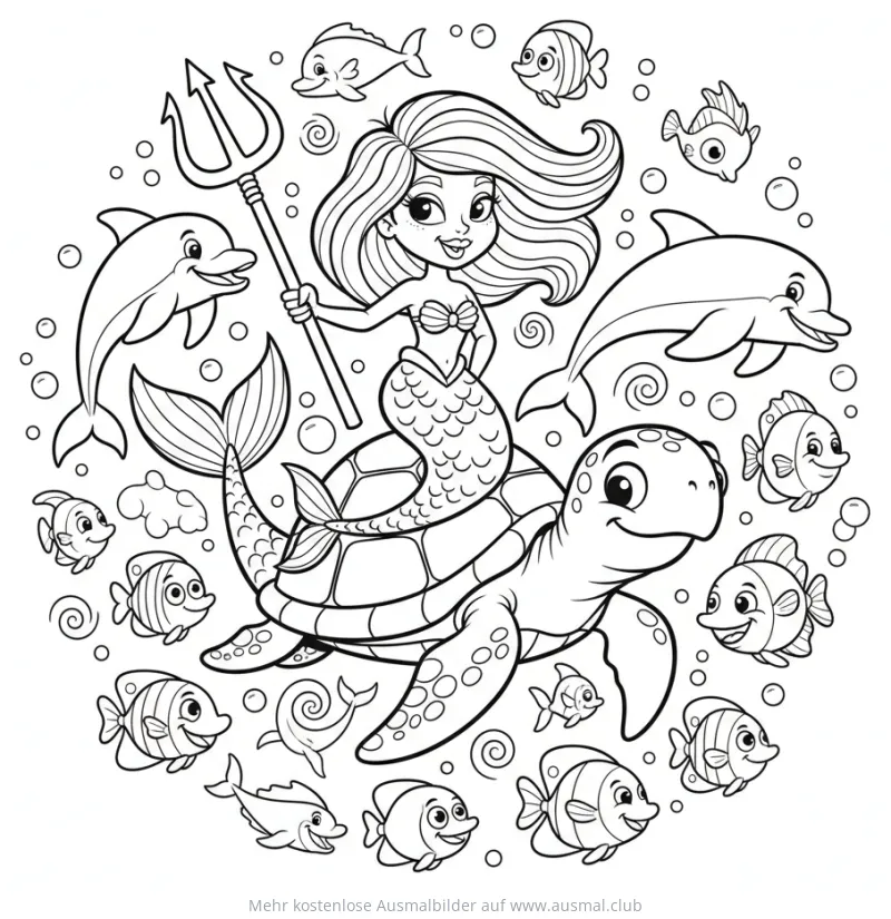 Meerjungfrau reitet auf Schildkröte, umgeben von Fischen und Delfinen Ausmalbild