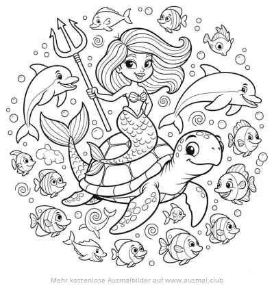 Meerjungfrau reitet auf Schildkröte, umgeben von Fischen und Delfinen Ausmalbild
