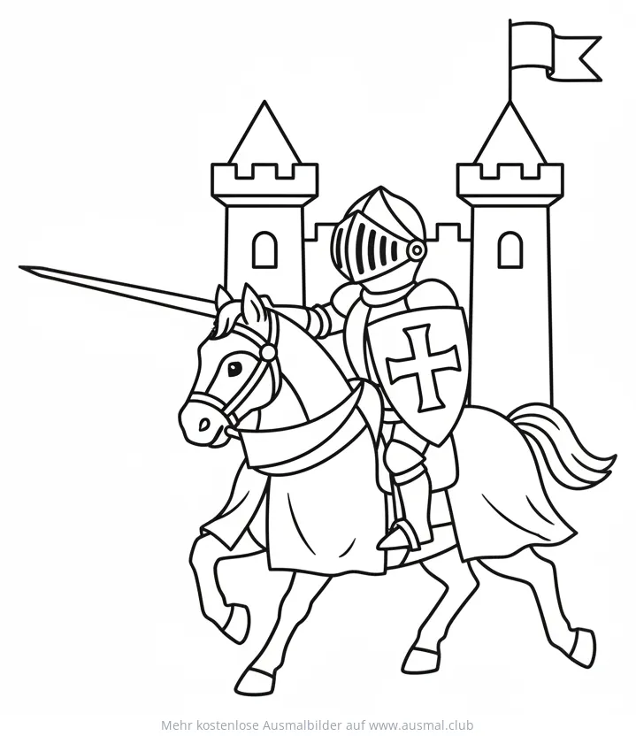 Ritter auf Pferd vor Burg Ausmalbild