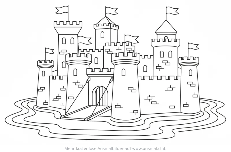 Burg mit Wassergraben und Zugbrücke Ausmalbild