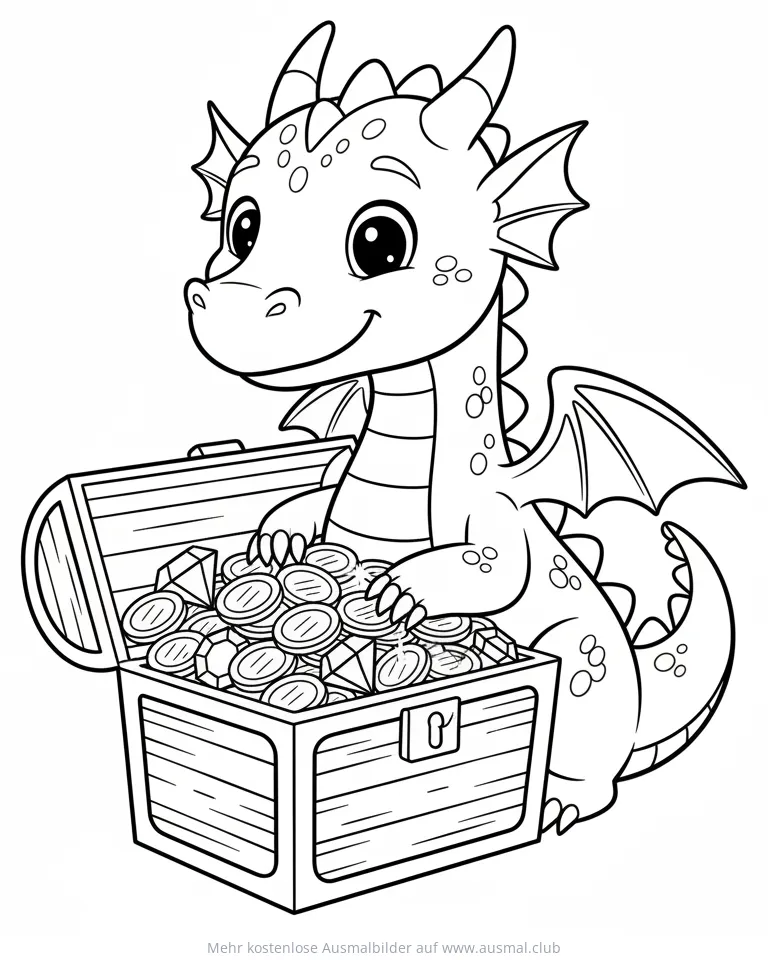 Drache bewacht Schatztruhe Ausmalbild