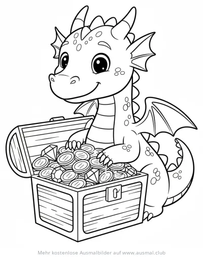 Drache bewacht Schatztruhe Ausmalbild