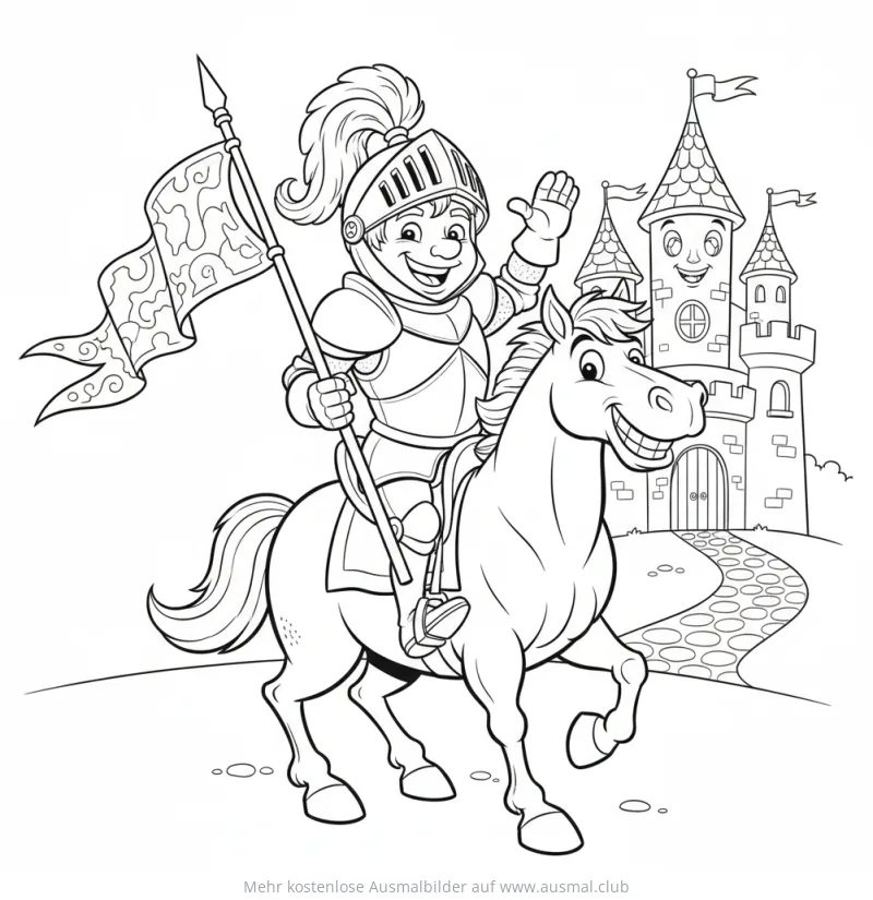 Ritter auf Pferd vor Schloss Ausmalbild