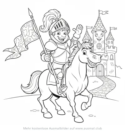 Ritter auf Pferd vor Schloss Ausmalbild