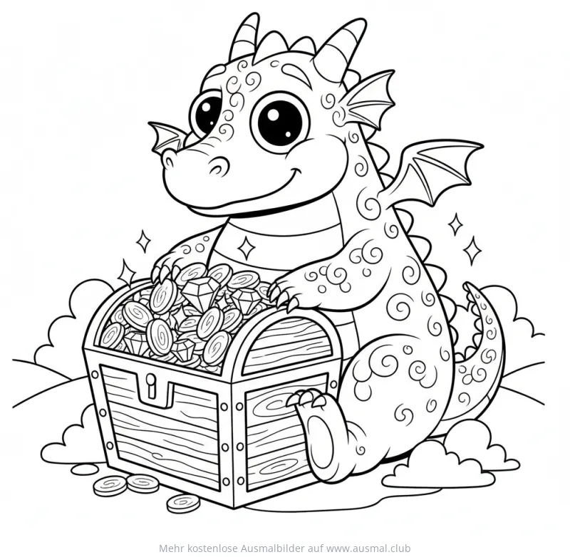 Freundlicher Drache bewacht Schatztruhe Ausmalbild