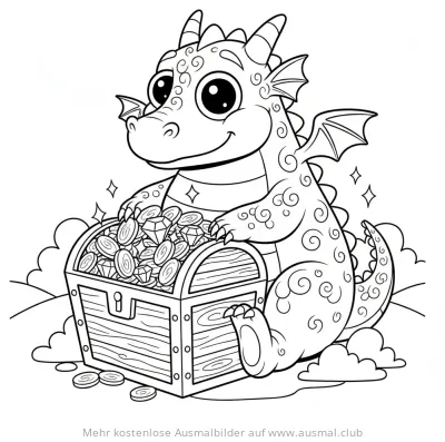 Freundlicher Drache bewacht Schatztruhe Ausmalbild