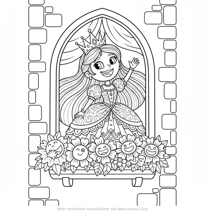 Prinzessin winkt aus Fenster, umgeben von Sonnenblumen Ausmalbild
