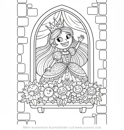 Prinzessin winkt aus Fenster, umgeben von Sonnenblumen Ausmalbild