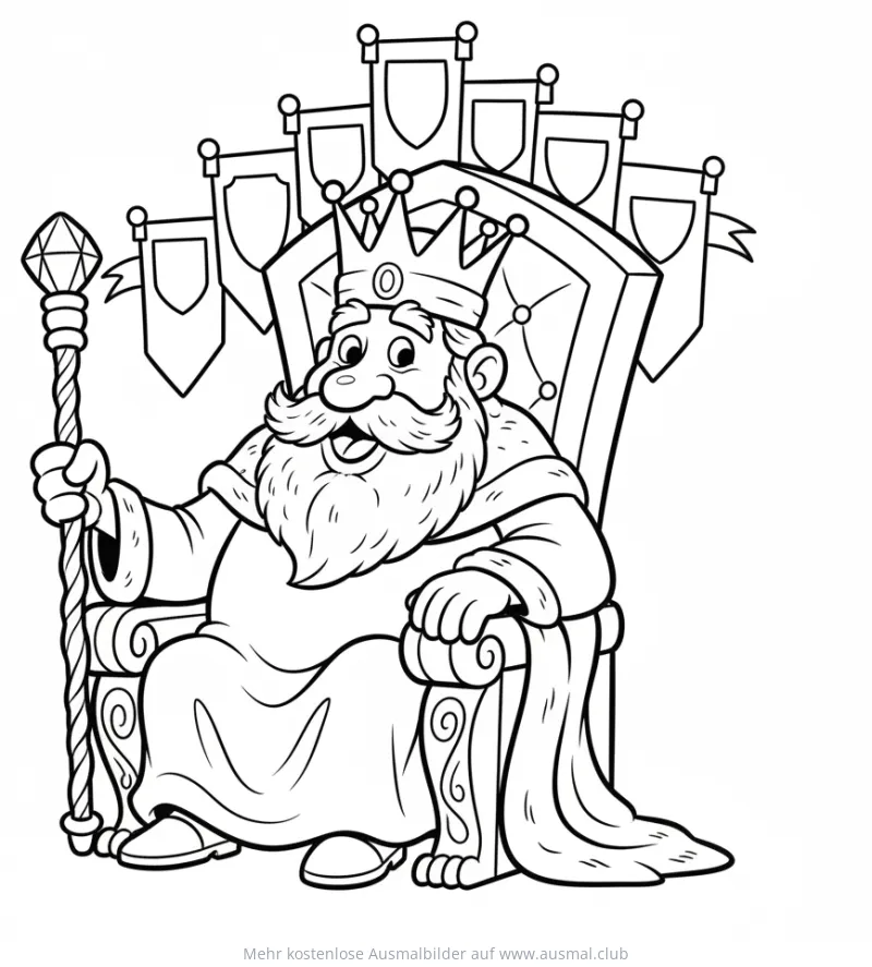 König auf Thron mit Zepter und Krone Ausmalbild