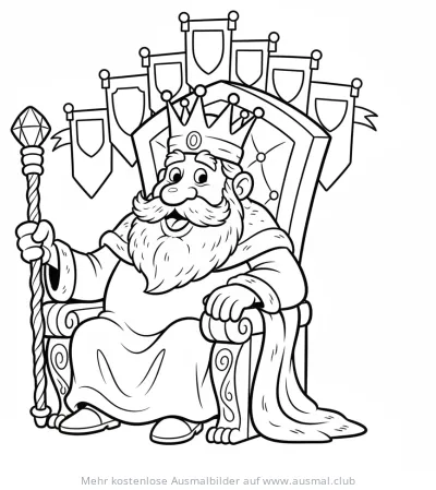 König auf Thron mit Zepter und Krone Ausmalbild
