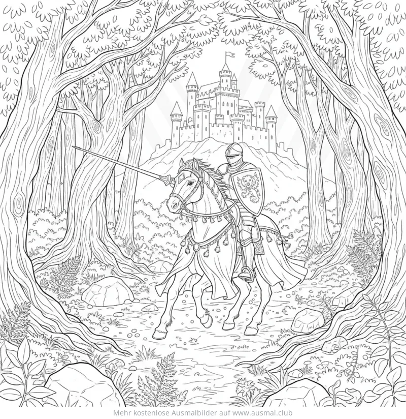 Ritter auf Pferd vor Schloss im Wald Ausmalbild